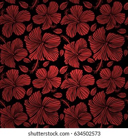 Vector hibiscus floral pattern. Design in red colors for invitation, wedding or greeting cards. Floral seamless pattern with hibiscus flowers. Watercolor hand drawing style on black background.