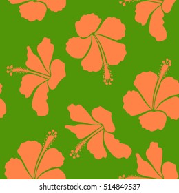 Vector hibiscus floral pattern. Floral hibiscus flowers, watercolor hand drawing style. Design in green and orange colors for invitation, wedding or greeting cards, textile, prints or fabric.