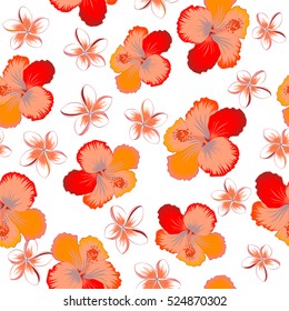 Vector hibiscus floral pattern. Floral with hibiscus flowers, watercolor hand drawing style on white background. Design in pink, red and orange colors for invitation, wedding or greeting cards.