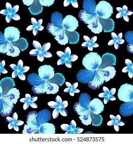 Vector hibiscus floral pattern. Floral with hibiscus flowers, watercolor hand drawing style on black background. Design in blue, violet and neutral colors for invitation, wedding or greeting cards.