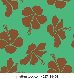 Vector hibiscus floral pattern. Floral hibiscus flowers, watercolor hand drawing style. Design in green and brown colors for invitation, wedding or greeting cards, textile, prints or fabric.