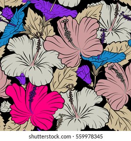 Vector hibiscus floral pattern. Floral with hibiscus flowers. Watercolor hand drawing style on black background. Design in magenta and violet colors for invitation, wedding or greeting cards.