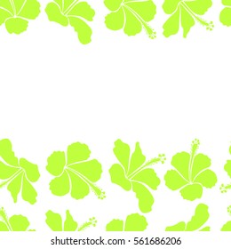 Vector hibiscus floral pattern. Hand drawn on a white background. Design in green colors for flyers, wedding or greeting cards. Horizontal floral seamless pattern with hibiscus flowers and copy space.