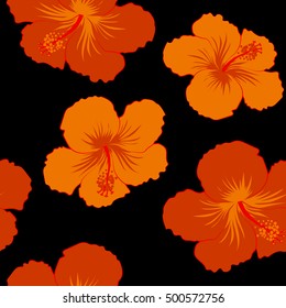Vector hibiscus floral pattern. Floral seamless pattern of hibiscus flowers, watercolor hand drawn style on black background. Design in orange and yellow colors for invitation, wedding, greeting cards