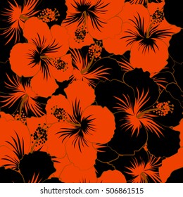 Vector hibiscus floral pattern. Floral seamless pattern hibiscus flowers, watercolor hand drawing. Design in black and orange colors for invitation, wedding or greeting cards, textile, prints, fabric.