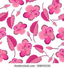 Vector hibiscus floral pattern. Floral seamless pattern with hibiscus flowers, watercolor hand drawing style on white background. Design in pink colors for invitation, wedding or greeting cards.