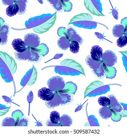 Vector hibiscus floral pattern. Floral seamless pattern with hibiscus flowers, watercolor hand drawing style on white background. Design in blue colors for invitation, wedding or greeting cards.