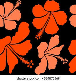 Vector hibiscus floral pattern. Floral seamless pattern with hibiscus flowers, hand drawing style on black background. Design in orange colors for invitation, wedding or greeting cards.