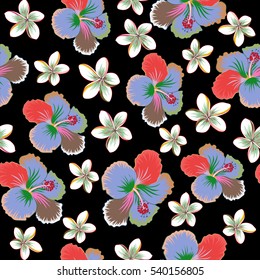 Vector hibiscus floral pattern. Floral seamless pattern with hibiscus flowers, watercolor hand drawing style on black background. Design in blue and red colors for invitation, wedding or greeting card