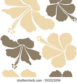 Vector hibiscus floral pattern. Floral seamless pattern with hibiscus flowers, watercolor hand drawing style on white background. Design in beige colors for invitation, wedding or greeting cards.