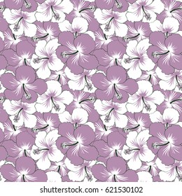 Vector hibiscus floral pattern. Floral seamless pattern hibiscus flowers, hand drawn. Design in green, white and neutral colors for invitation, wedding or greeting cards, textile, prints or fabric.