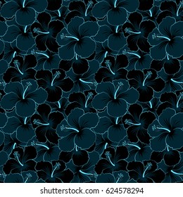 Vector hibiscus floral pattern. Floral seamless pattern hibiscus flowers. Watercolor hand drawing. Design in black and blue colors for invitation, wedding or greeting cards, textile, prints or fabric.