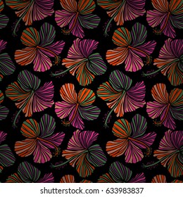 Vector hibiscus floral pattern. Floral seamless pattern with hibiscus flowers. Hand drawn art on a black background. Design in purple, pink and orange colors for invitation, wedding or greeting cards.