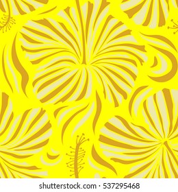 Vector hibiscus floral pattern. Watercolor hand drawn style. Design in yellow and beige colors for invitation, wedding, greeting card, textile, prints, fabric. Floral seamless pattern hibiscus flowers