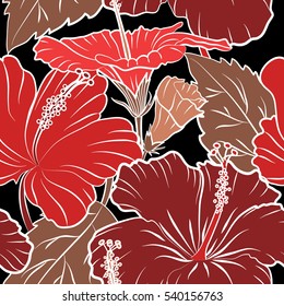Vector hibiscus floral pattern. Watercolor hand drawn style on black background. Design in red and brown colors for invitation, wedding or greeting cards. Floral seamless pattern with hibiscus flowers