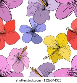Vector Hibiscus floral tropical flowers. Wild spring leaf wildflower isolated. Engraved ink art on white background. Seamless background pattern. Fabric wallpaper print texture.