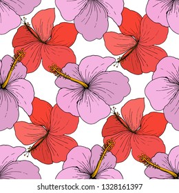 Vector Hibiscus floral tropical flowers. Wild spring leaf wildflower isolated. Engraved ink art on white background. Seamless background pattern. Fabric wallpaper print texture.