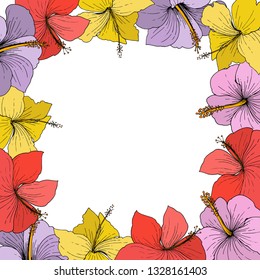 Vector Hibiscus floral tropical flowers. Wild spring leaf wildflower isolated. Engraved ink art on white background. Frame border ornament square.