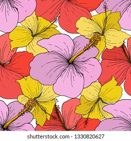 Vector Hibiscus floral tropical flowers. Wild spring leaf wildflower isolated. Engraved ink art on white background. Seamless background pattern. Fabric wallpaper print texture.