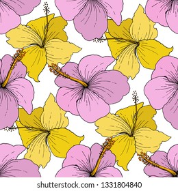 Vector Hibiscus floral tropical flowers. Wild spring leaf wildflower isolated. Engraved ink art on white background. Seamless background pattern. Fabric wallpaper print texture.