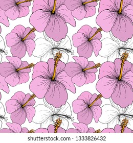 Vector Hibiscus floral tropical flowers. Wild spring leaf wildflower isolated. Engraved ink art on white background. Seamless background pattern. Fabric wallpaper print texture.