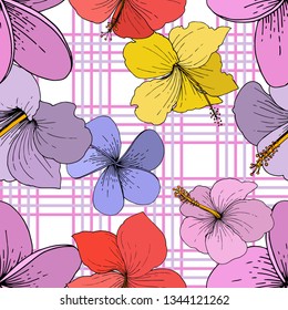 Vector Hibiscus floral tropical flowers. Wild spring leaf wildflower isolated. Engraved ink art on white background. Seamless background pattern. Fabric wallpaper print texture.