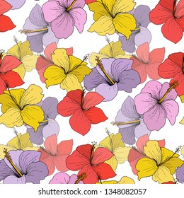 Vector Hibiscus floral tropical flowers. Wild spring leaf wildflower isolated. Engraved ink art on white background. Seamless background pattern. Fabric wallpaper print texture.