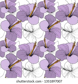 Vector Hibiscus floral tropical flowers. Wild spring leaf wildflower isolated. Engraved ink art on white background. Seamless background pattern. Fabric wallpaper print texture.