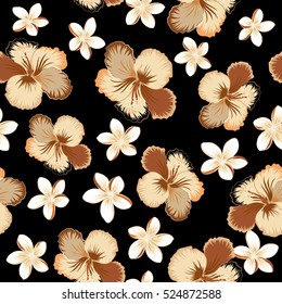 Vector hibiscus flower background. Pretty orange, beige and brown floral print. Motley seamless pattern.