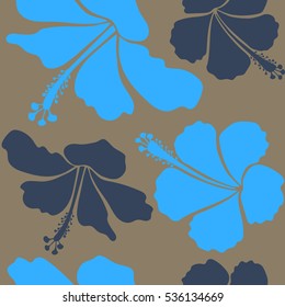 Vector hibiscus flower background. Pretty blue and beige floral print. Motley seamless pattern.