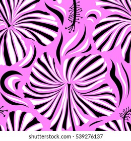 Vector hibiscus flower background. Pretty black, pink and white floral print. Motley seamless pattern.