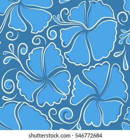 Vector hibiscus flower background. Pretty blue floral print. Motley seamless pattern.
