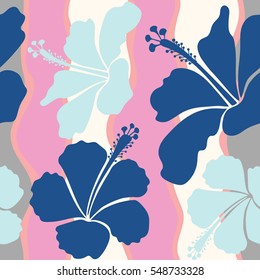 Vector hibiscus flower background. Pretty blue and neutral floral print. Motley seamless pattern.