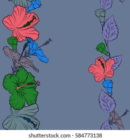 Vector hibiscus flower background. Pretty violet and blue floral print with copy space (place for your text). Motley seamless pattern.