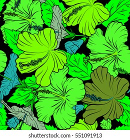 Vector hibiscus flower in blue and green colors on a black background.