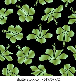 Vector hibiscus flower in green and neutral colors on a black background.