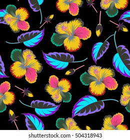 Vector hibiscus flower on black background.
