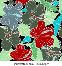 Vector hibiscus flower in red and green colors on a black background.