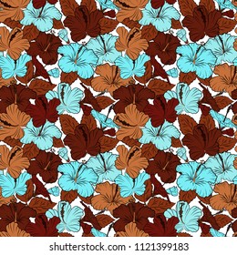 Vector hibiscus flower seamless pattern in red, brown and blue colors.