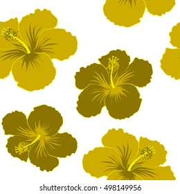 Vector hibiscus flower seamless pattern in yellow colors on a white background.