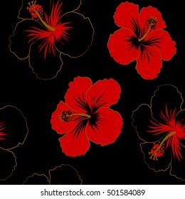 Vector hibiscus flower seamless pattern in red colors on a black background.