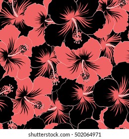 Vector hibiscus flower seamless pattern in black and pink colors.