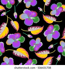 Vector hibiscus flower seamless pattern on black background.