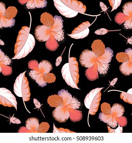 Vector hibiscus flower seamless pattern in pink colors on a black background.