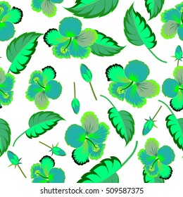 Vector hibiscus flower seamless pattern in green colors on a white background.