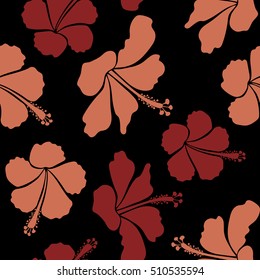 Vector hibiscus flower seamless pattern in red colors on a black background.