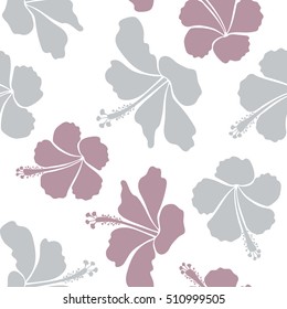 Vector hibiscus flower seamless pattern in blue and purple colors on a white background.