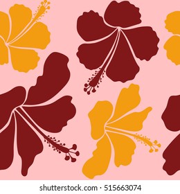 Vector hibiscus flower seamless pattern in red, yellow and neutral colors.