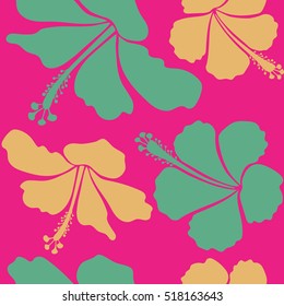 Vector hibiscus flower seamless pattern in green, magenta and beige colors.