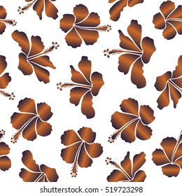 Vector hibiscus flower seamless pattern in violet and orange colors on a white background.